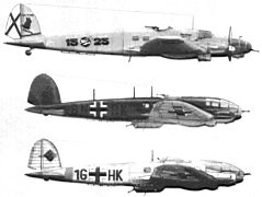 26.jpg: Сверху вниз: Не 111 В-2, 1.К/88, Испания, 1938 г. Не 111 Н-3, 1/KGr 100, Франция, лето 1940 г. Не 111 Н-16, 2./KGr 27, Восточный фронт, зима 1942-43