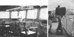 32.jpg: Слева: закрытый ходовой мостик крейсера. На переднем плане - кресло с надписью «Captain» («командир»). Справа: 20-дюймовый сигнальный прожектор на носовой надстройке.