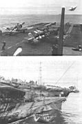 11.jpg: Вверху: старт истребителей «Хэллкэт» при помощи носовых катапульт. Авианосец «Рэндолф», июль 1945г. Внизу:передача авиабомб на «Хорнет» в открытом океане, февраль 1945 г.
