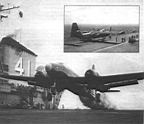 16.jpg: Старт самолета P2V «Нептун» с палубы «Мидуэя» при помощи пороховых ускорителей, 1949г. Справа вверху:бомбардировщик AJ-2 «Сэвидж» на палубе «Мидуэя», 1955 г.