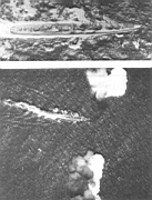 06.jpg: «Акицуки» во время атаки американских бомбардировщиков 29 сентября 1942 г. Это фото (общий вид и фрагмент) было сделано с самолета и стало первым доказательством появления у японцев нового типа эсминцев