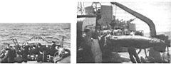 08.jpg: Ходовой мостик эсминца «Кос-сак», 1940 г. Обратите внимание на 7,71-мм пулеметы «Льюис», установленные в качестве дополнительного зенитного вооружения. Справа: заряжание торпедного аппарата на австралийском эсминце «Уорра-мунга», 1952 г.