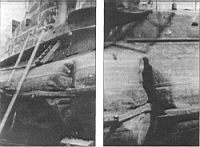18.jpg: Повреждения легкого корпуса (правый борт) подлодки Щ-309, полученные во время плавания во льдах, декабрь 1941 г.
