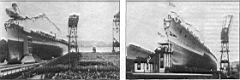 04.jpg: Линкоры перед спуском на воду: «Шарнхорст» 3 октября 1936 г. (слева) и «Гнейзенау» 8 декабря 1936 г. (справа). Позади «Гнейзенау» на стапеле виден корпус тяжелого крейсера «Блюхер»
