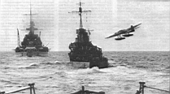 82.jpg: «Шарнхорст» под эскортом эсминцев выходит в море на учения в районе Бреста, 21 июля 1941 г. Справа виден гидросамолет «Хейнкель-115»