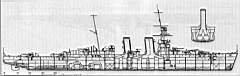 02.jpg: Продольный разрез крейсера типа Hawkins по диаметральной плоскости. Сечение по мидель-шпангоуту.