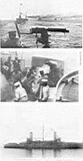 Вверху: отрад адмирала Того маневрирует во время боя 28 июля 19О4 г. На переднем плане — пулемет «Виккерс», установленный на крыше носовой башни крейсера «Ка-суга». Прямо по курсу в кильватерной колонне — крейсер «Ниссан», за ним — броненосцы «Сикисима», нфудзии, «Асахи» и «Микаса». В центре: учебная стрельба из 6-дюймового орудия одного из крейсеров японского флота. Внизу: крейсер «Ниссин» в начале первой мировой войны. После замены паровых котлов на обоих японских крейсерах появились новые дымовые трубы.