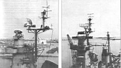 52.jpg: Антенны РЛС на «Айове» в январе 1952 г.: SPS-6 на площадке грот-мачты, SG-6 — ярусом выше и SP — на бизань-мачте. На крыше КДП Mk-38 установлена РЛС Mk-13